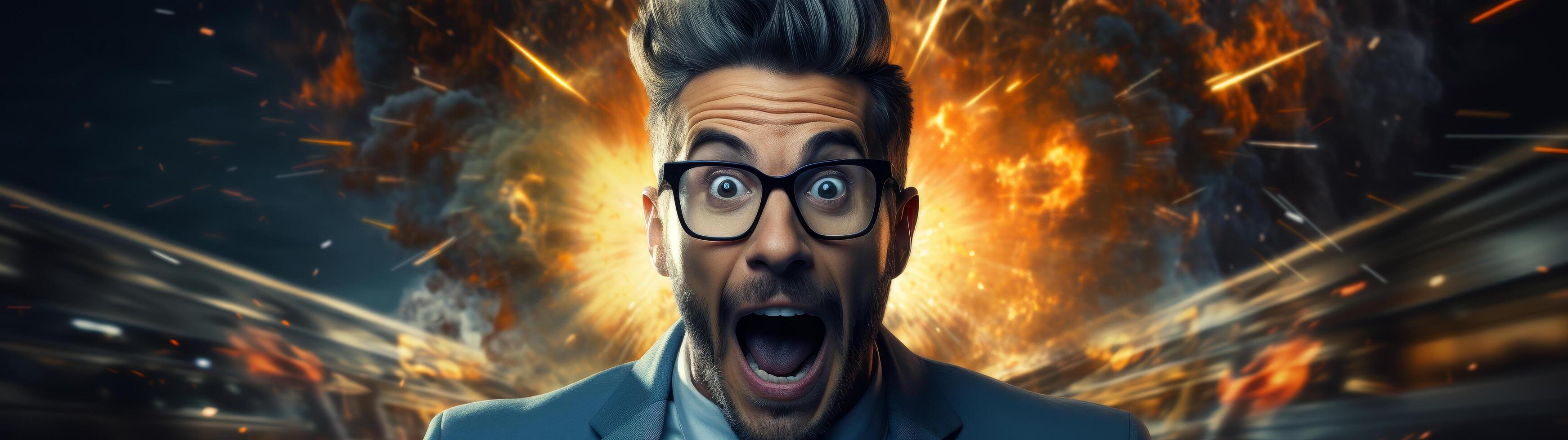shocked businessman with glasses in front of explosion photo