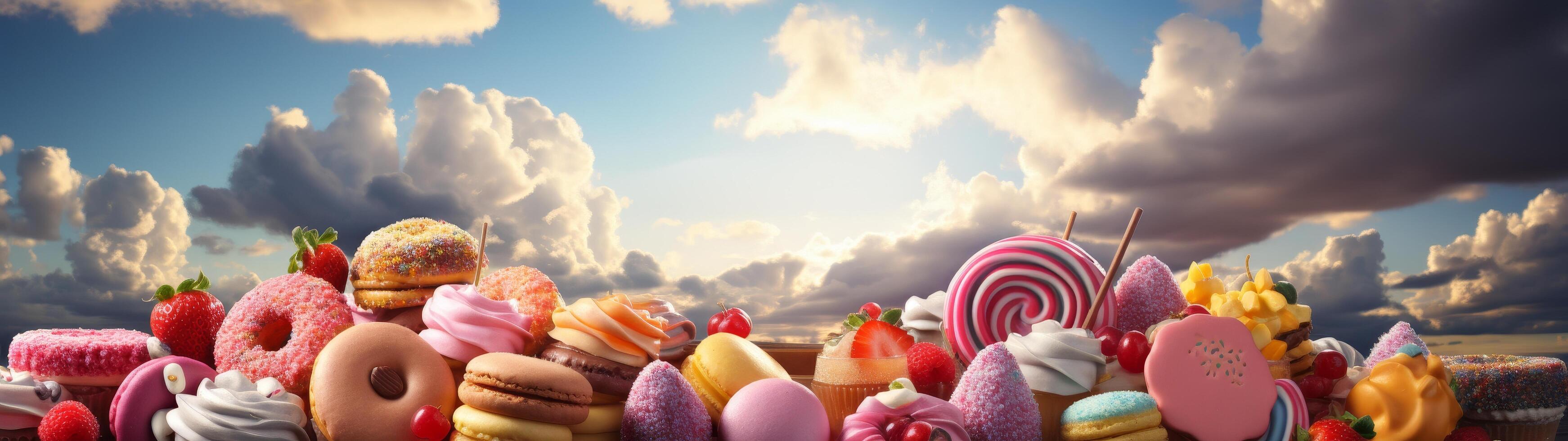 Assortment of colorful and delicious desserts against a cloudy sky photo