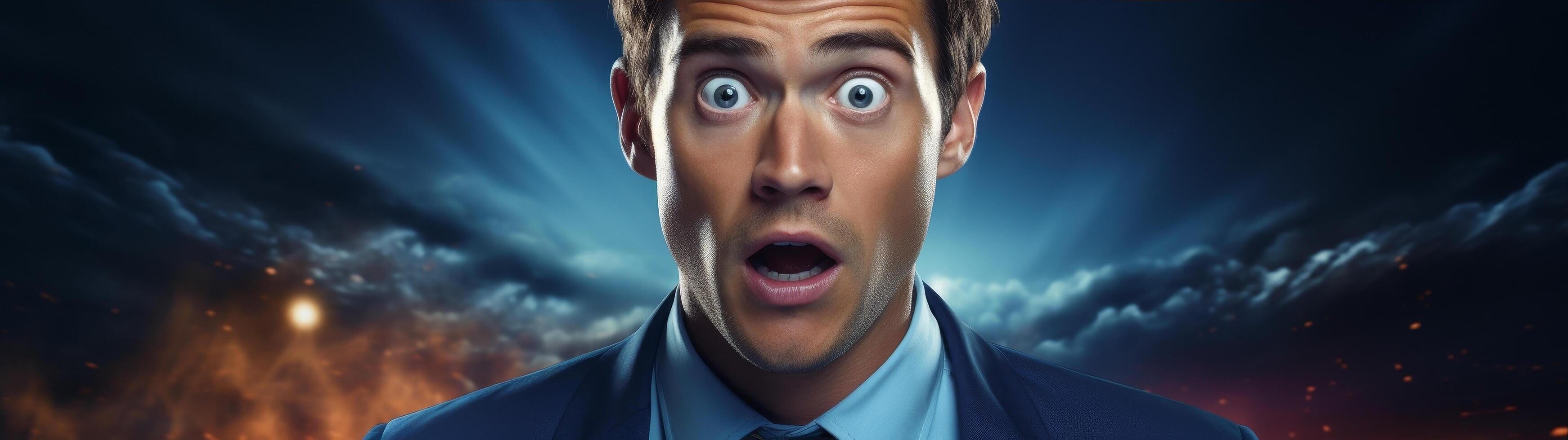 shocked businessman with wide eyes against dramatic sky photo