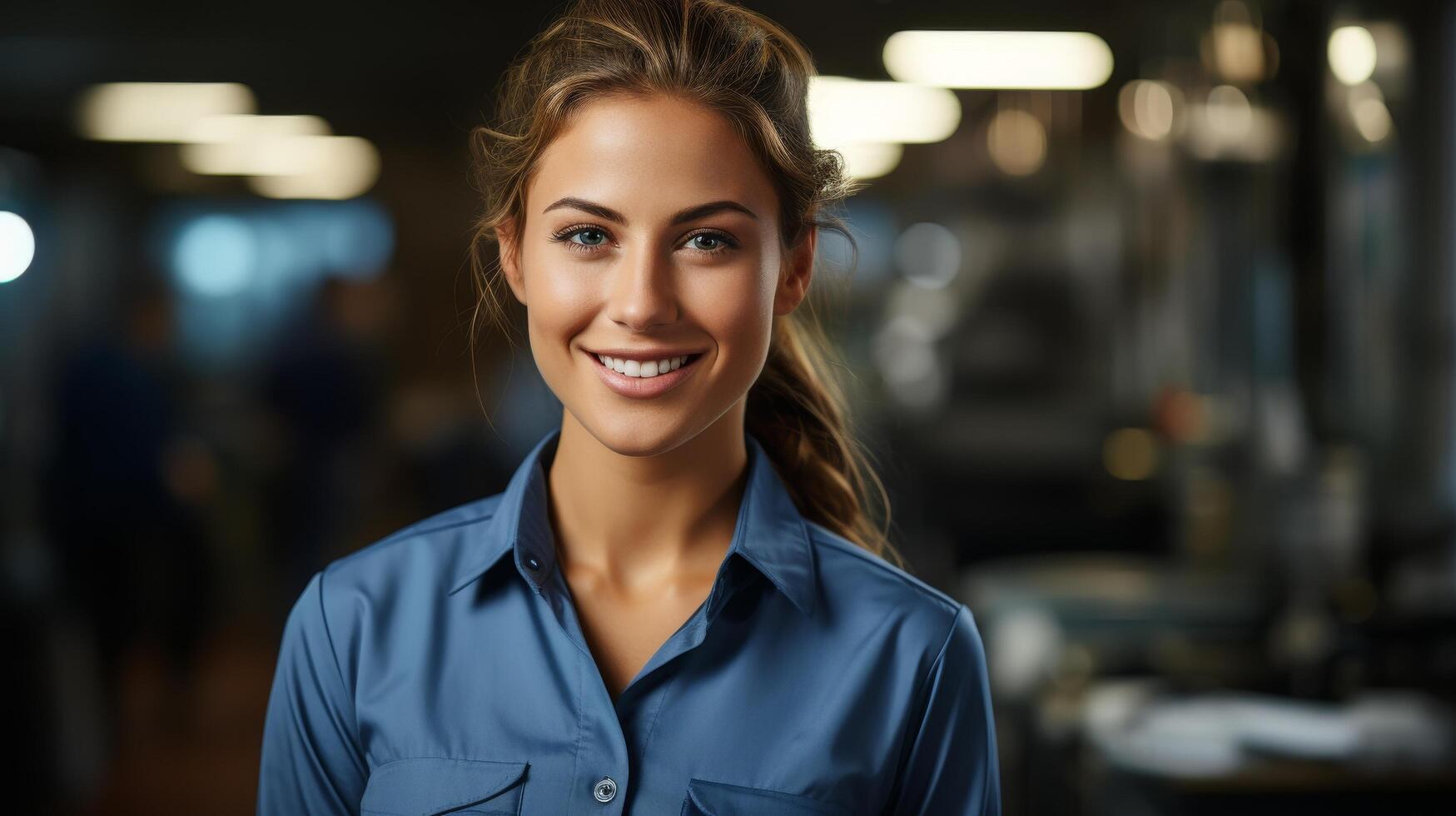 Smiling woman in blue shirt photo