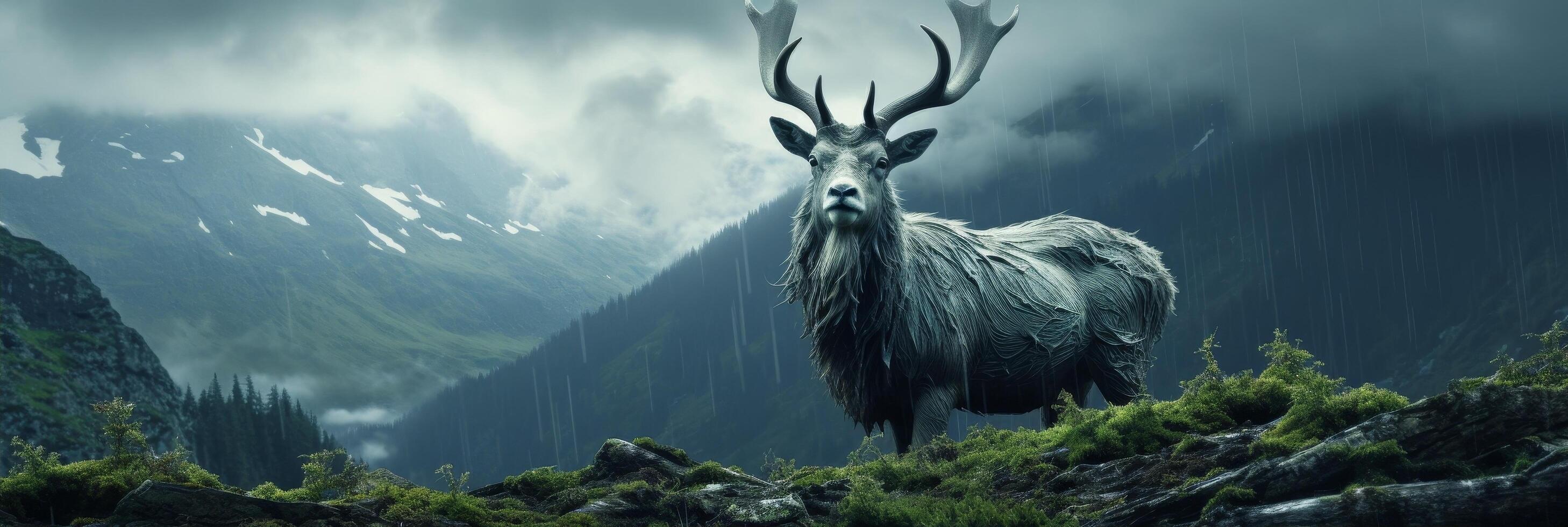 Majestic stag in misty mountain landscape photo