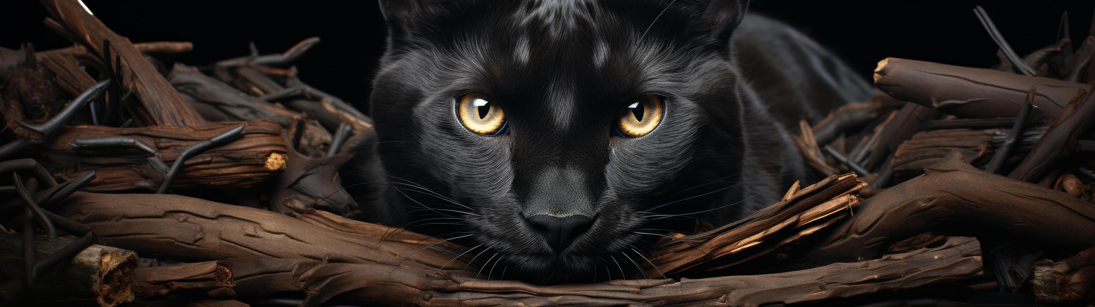 Mysterious black cat with piercing eyes in the shadows photo