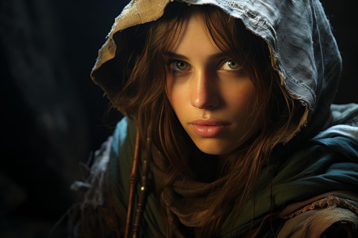 Mysterious hooded figure with intense gaze photo