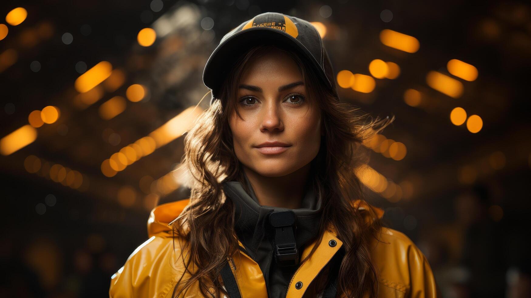 woman in yellow jacket and hat standing in night city photo