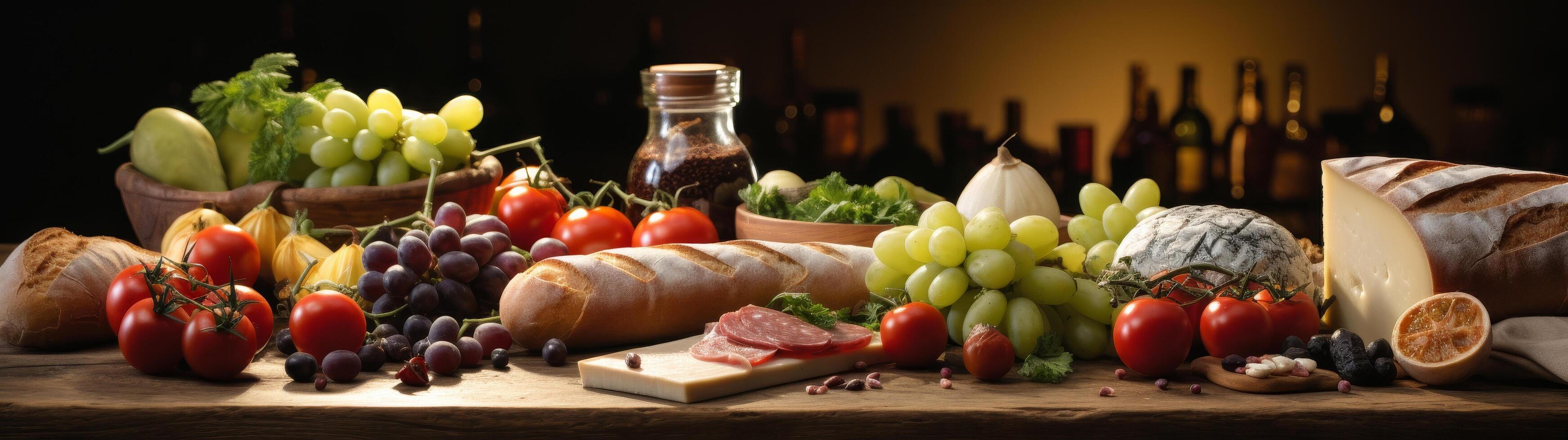 Assortment of fresh fruits, vegetables, and bread on a rustic wooden table photo