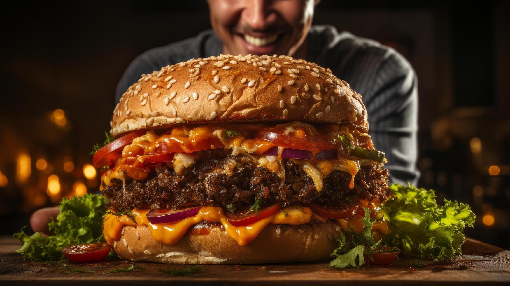 Delicious burger with juicy patty, melted cheese, and fresh vegetables photo
