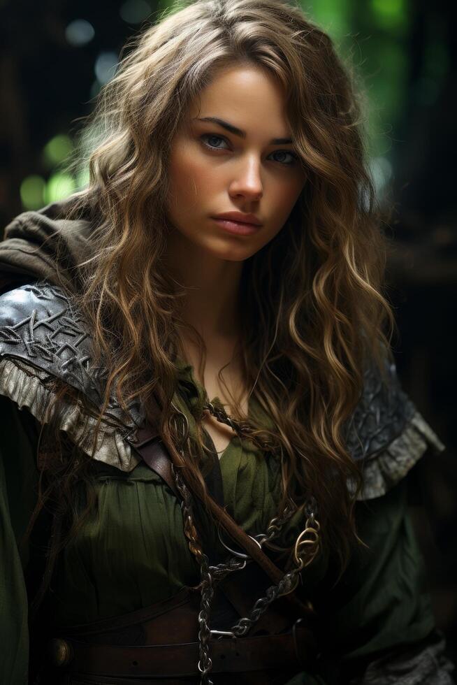 Mysterious and alluring woman in the forest photo