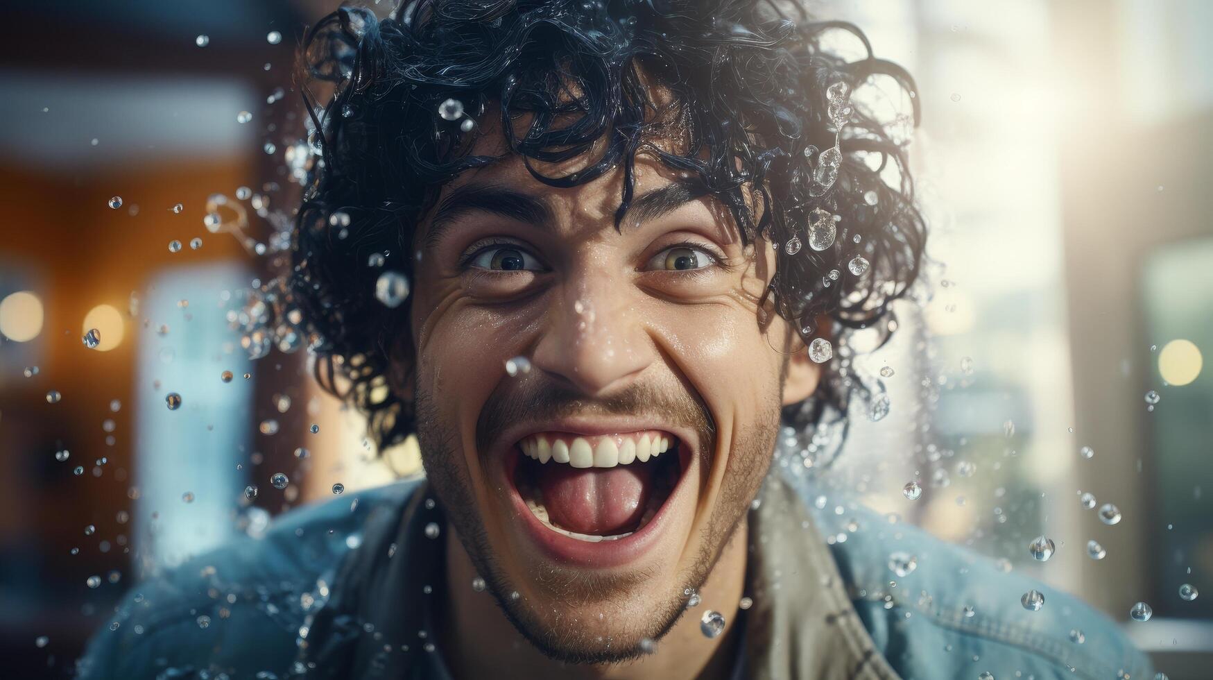 Excited man with wet curly hair photo