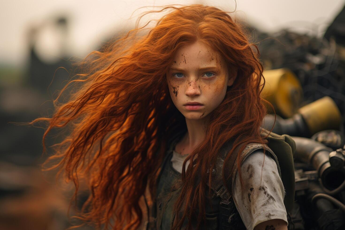 Fierce redheaded girl with windblown hair and freckles photo