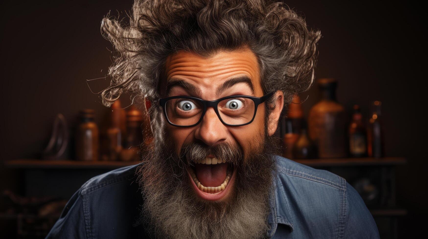 Surprised man with wild curly hair and beard photo