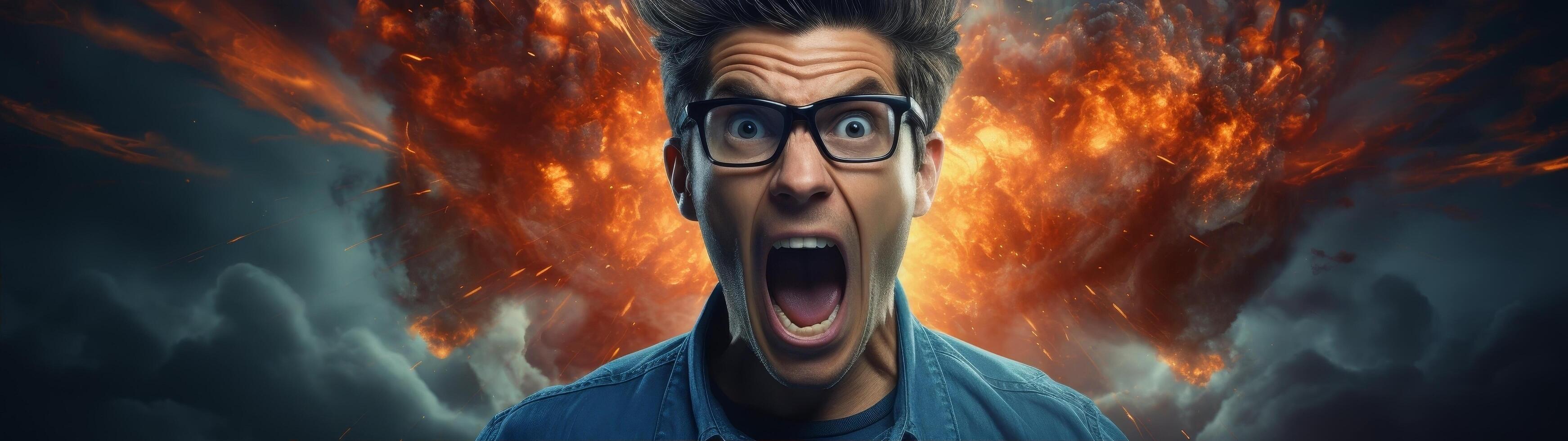 Shocked man in glasses with explosion in background photo
