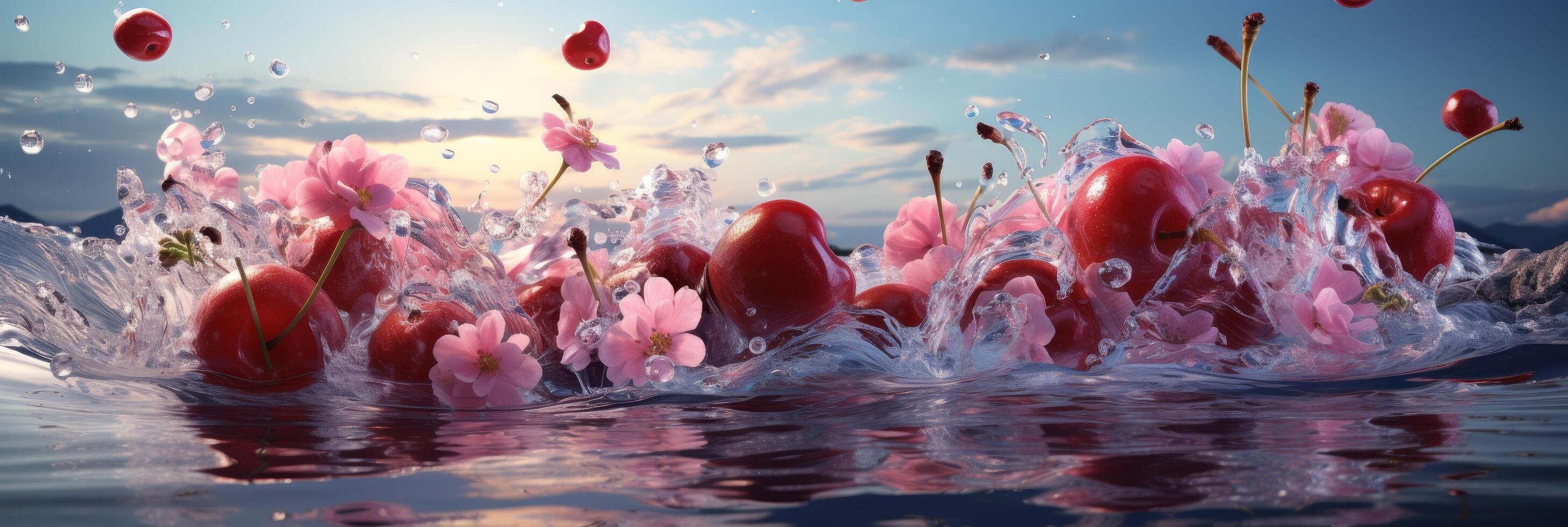 Splashing cherries and flowers in water photo