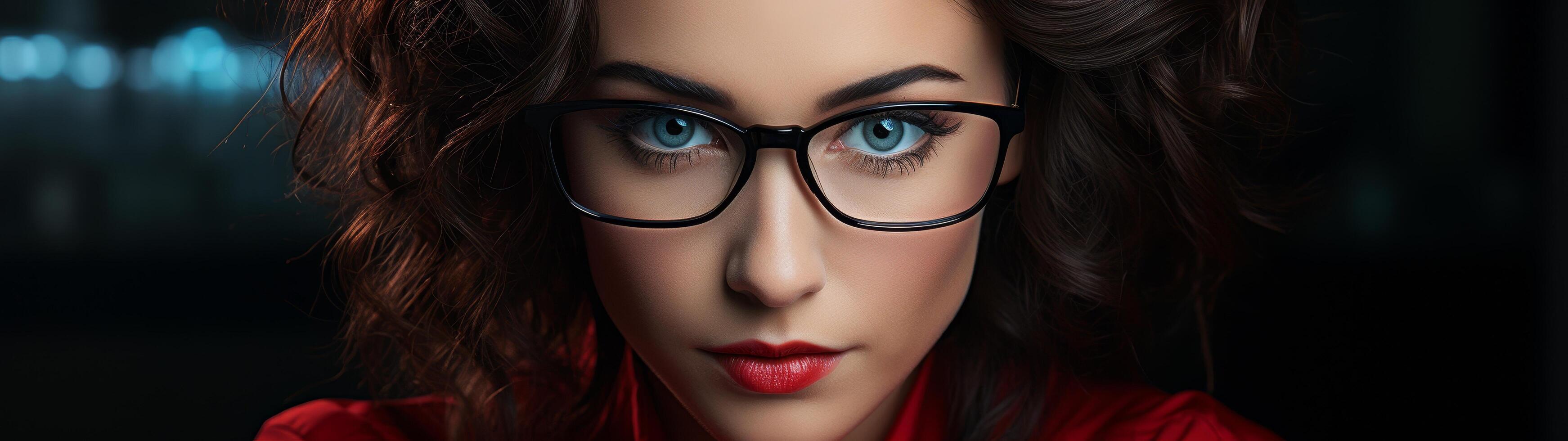Mysterious woman with red lips and glasses photo