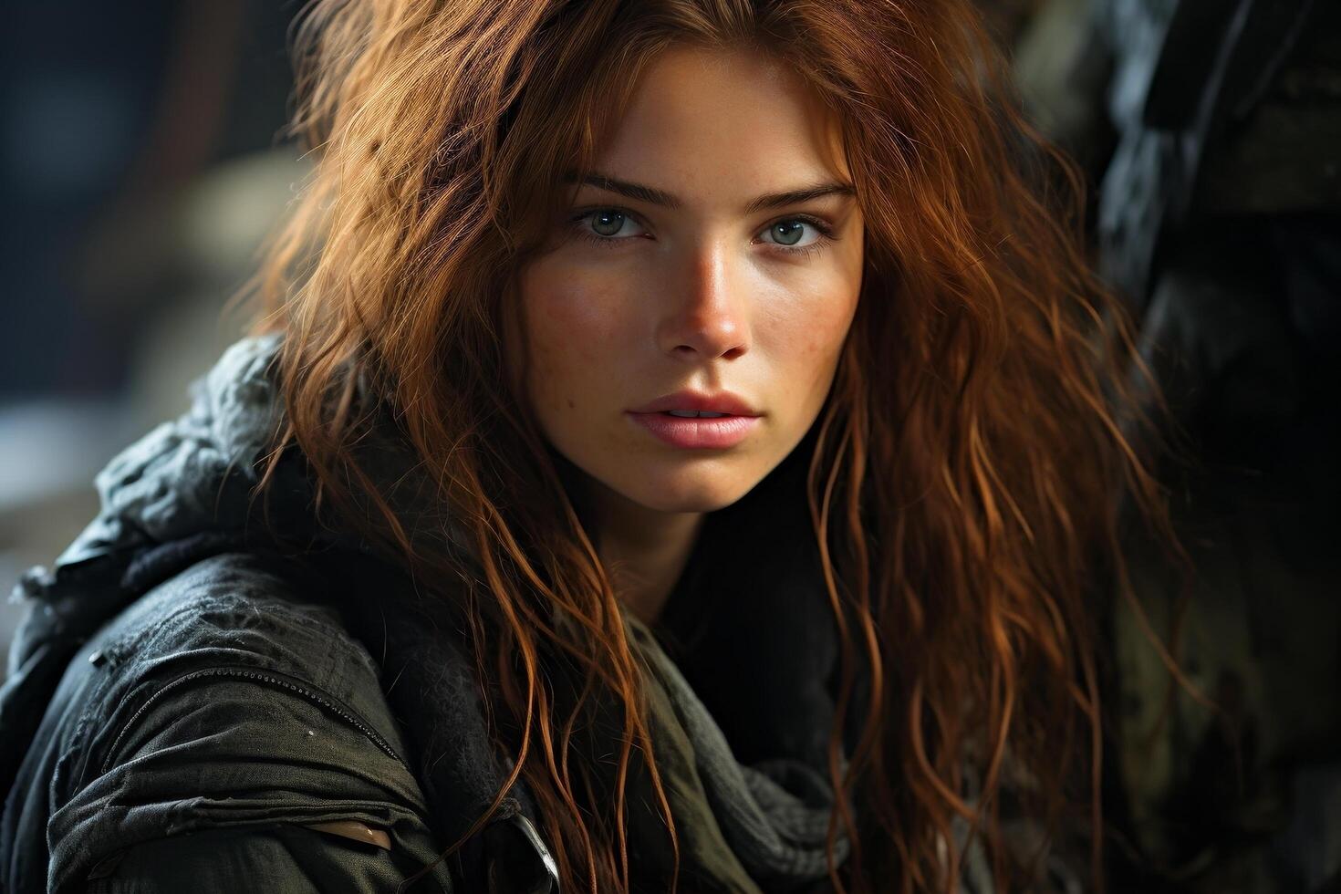 Intense gaze of a mysterious woman with vibrant red hair photo