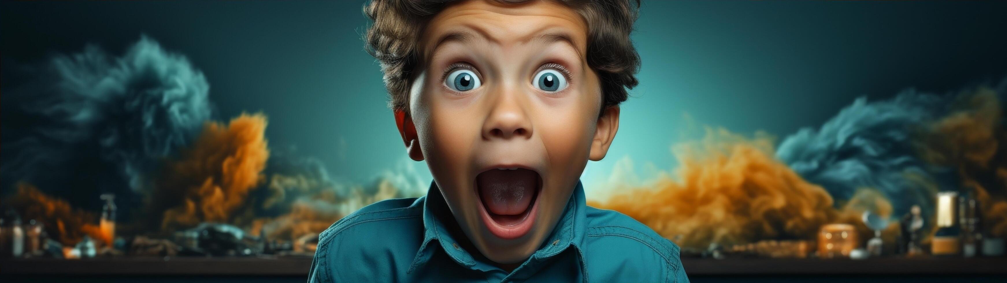 Surprised young boy with wide eyes and open mouth photo