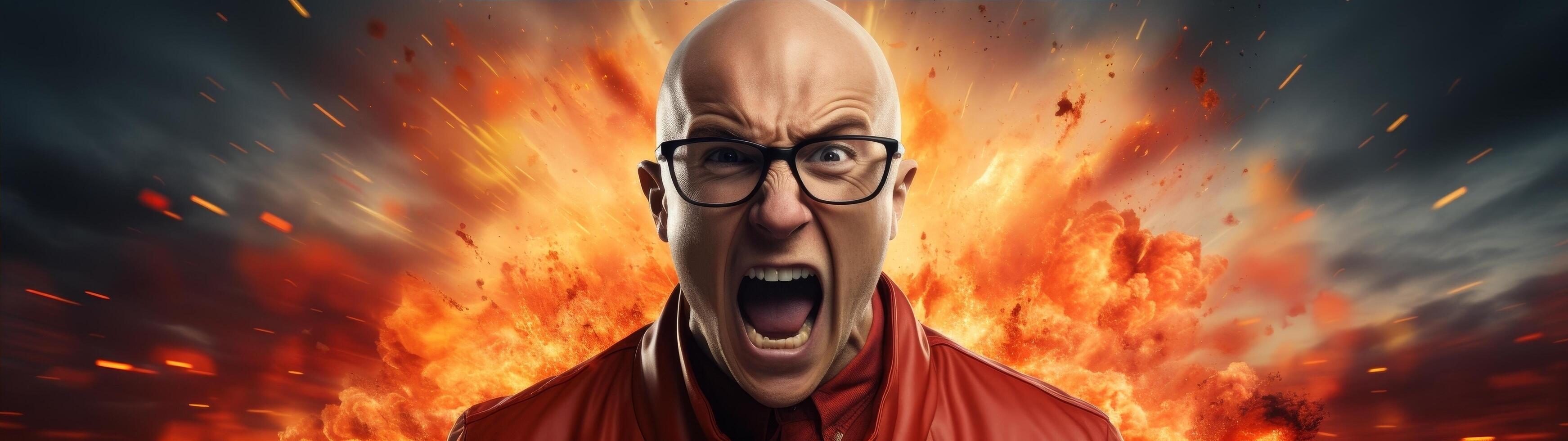 intense man with glasses screaming in front of explosion photo