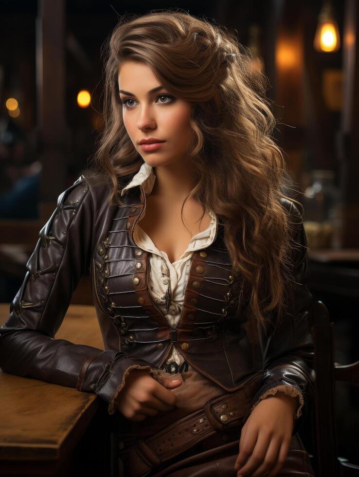 Stylish woman in leather jacket posing in vintage setting photo