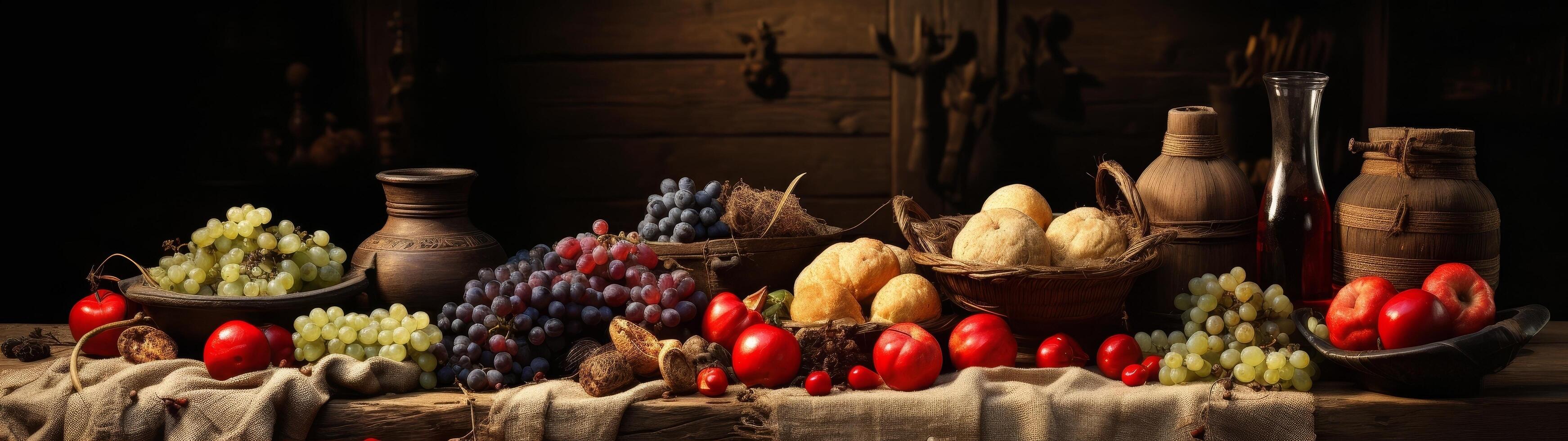 rustic still life with fresh fruits and vegetables photo