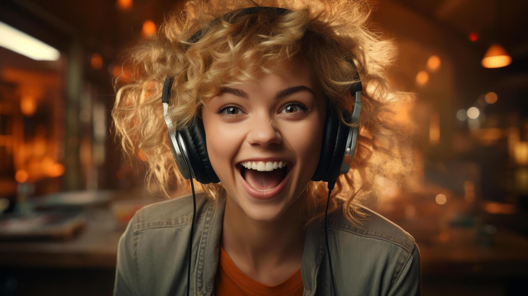 excited woman listening to music with headphones photo
