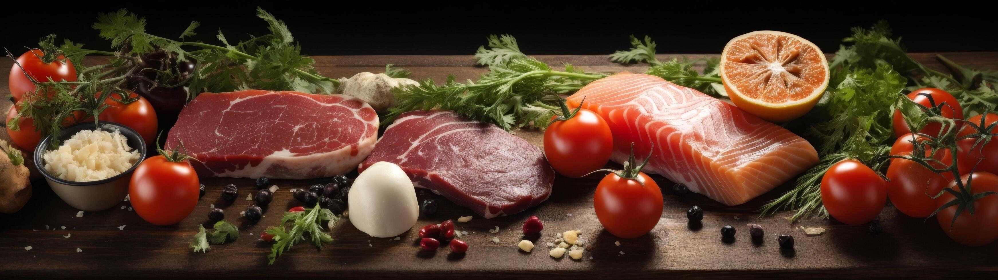 Assortment of fresh meat, fish, vegetables, and herbs photo