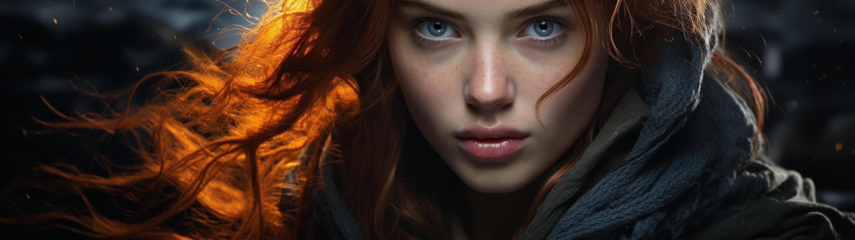 Intense gaze of a mysterious woman with fiery red hair photo