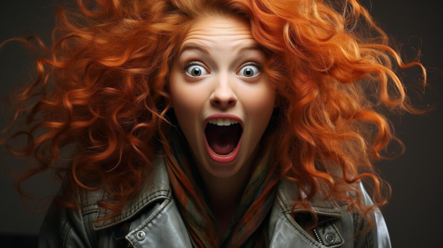 Surprised woman with curly red hair photo