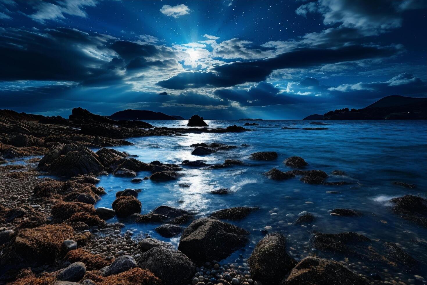 Dramatic night seascape with rocky coastline and cloudy sky photo
