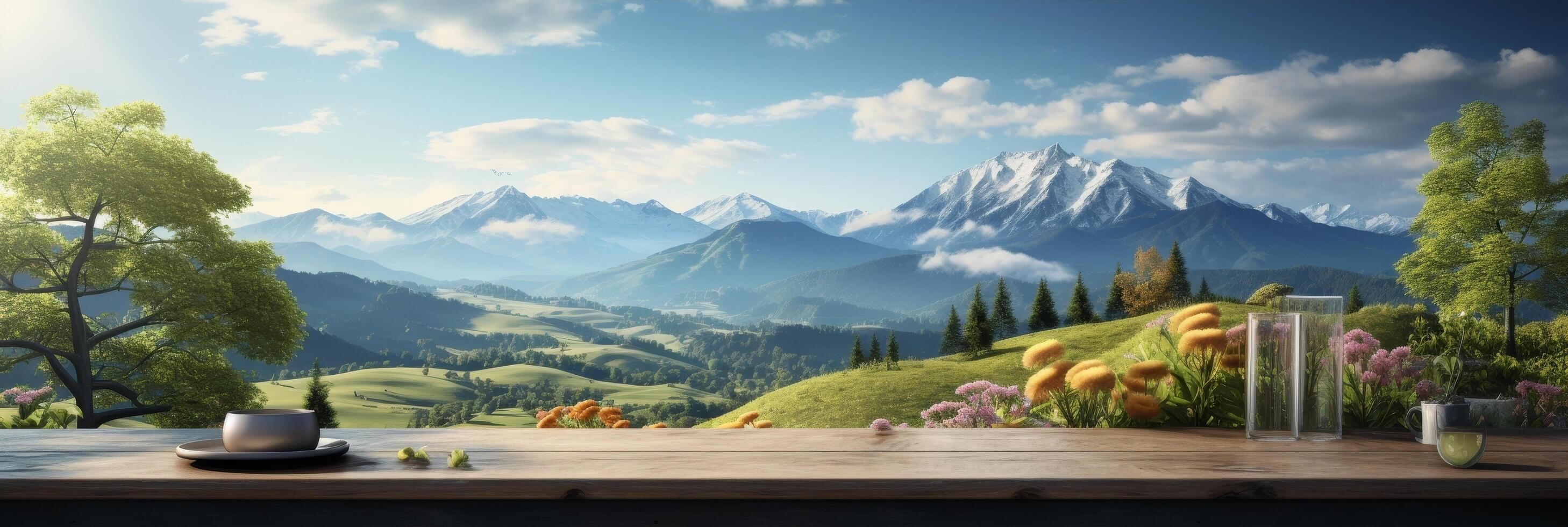 scenic mountain landscape with flowers and wooden table photo