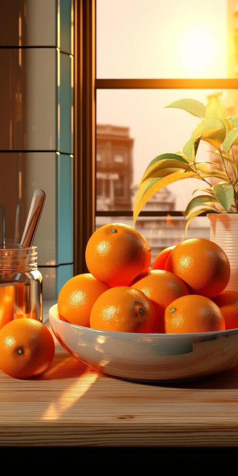 Bright citrus fruits in a bowl on a wooden table photo