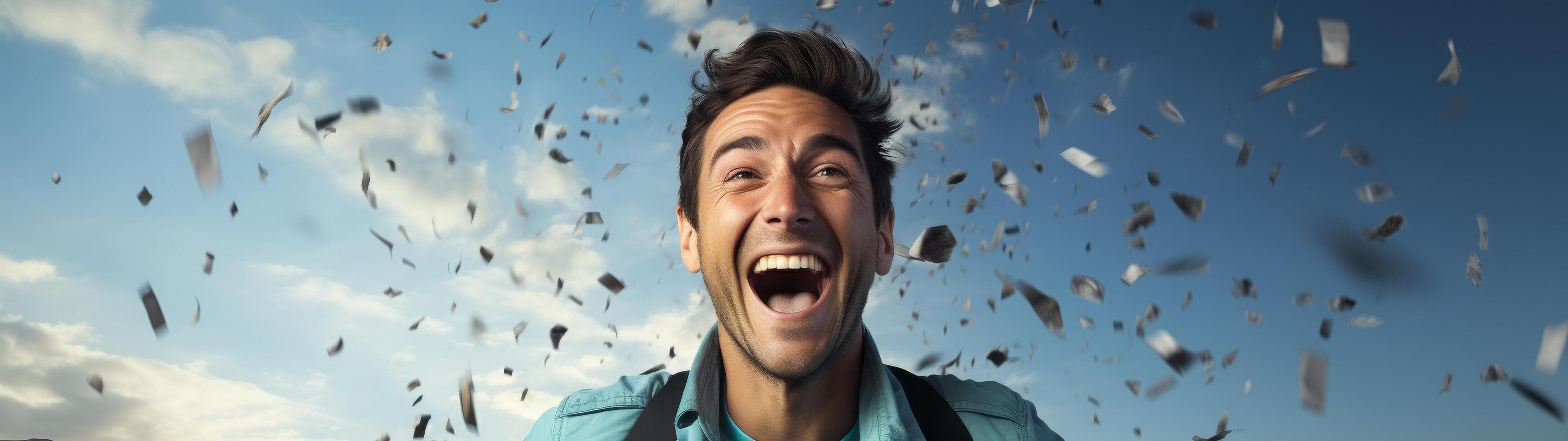 excited man surrounded by confetti photo