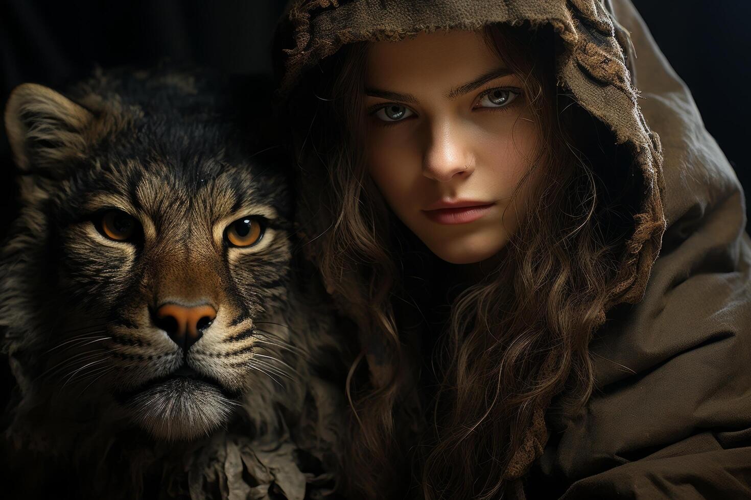 mysterious hooded figure with wild wolf photo