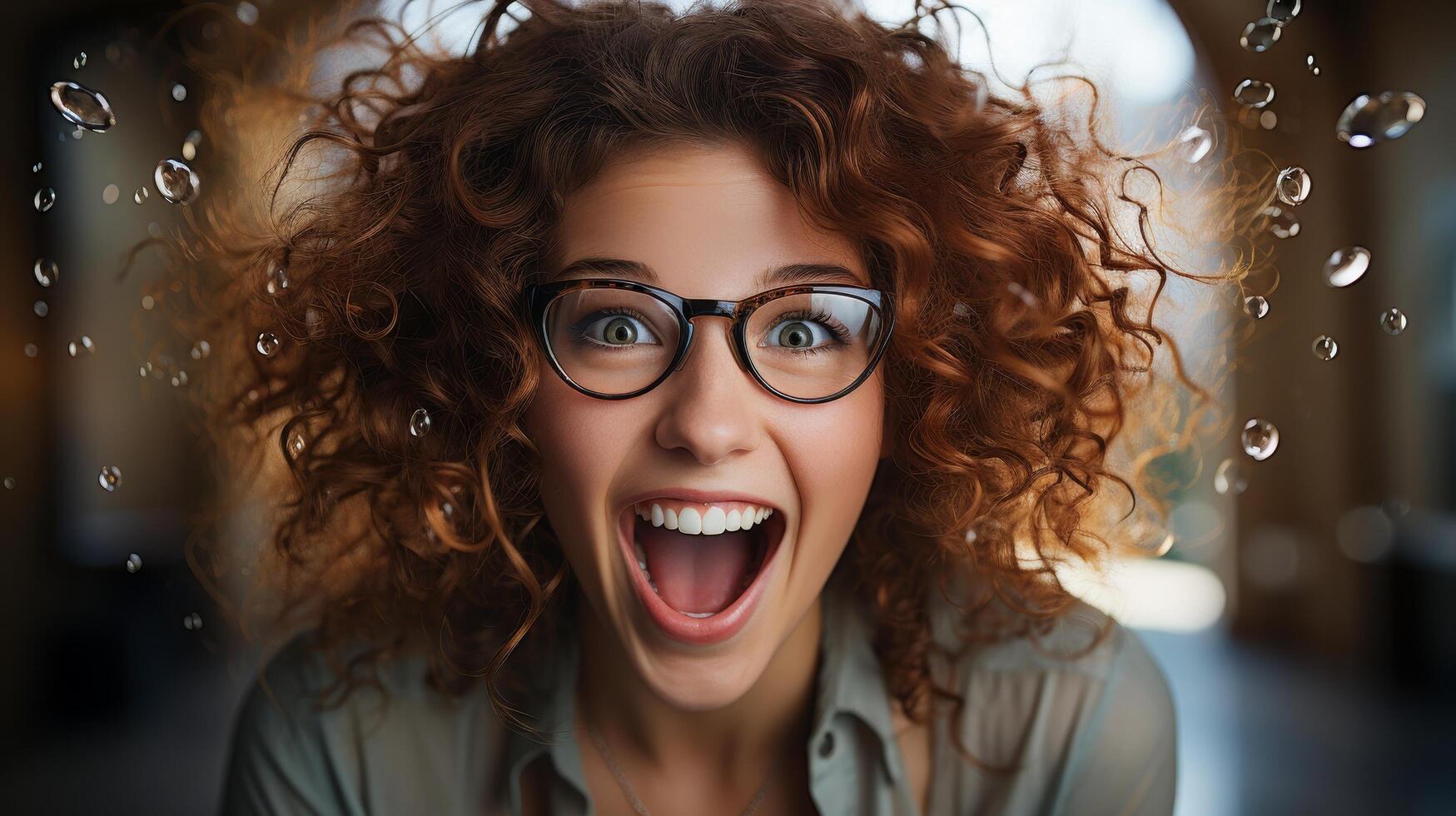 Excited young woman with curly hair and glasses photo