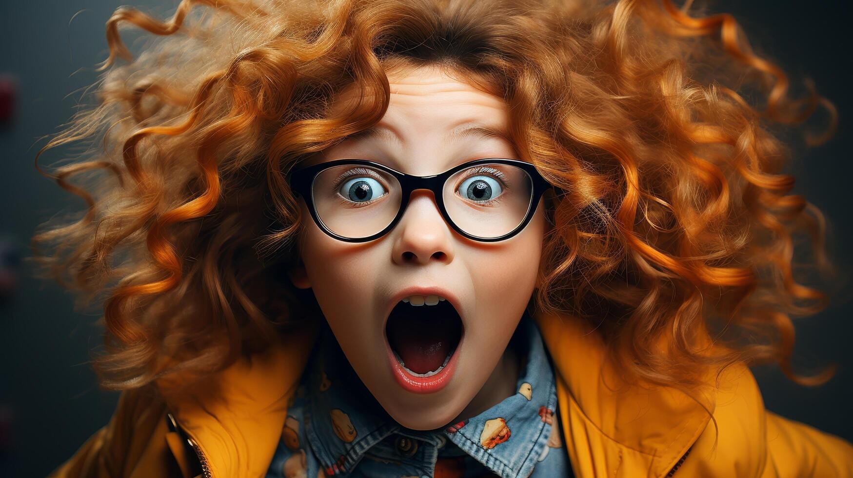 surprised young woman with curly red hair and glasses photo