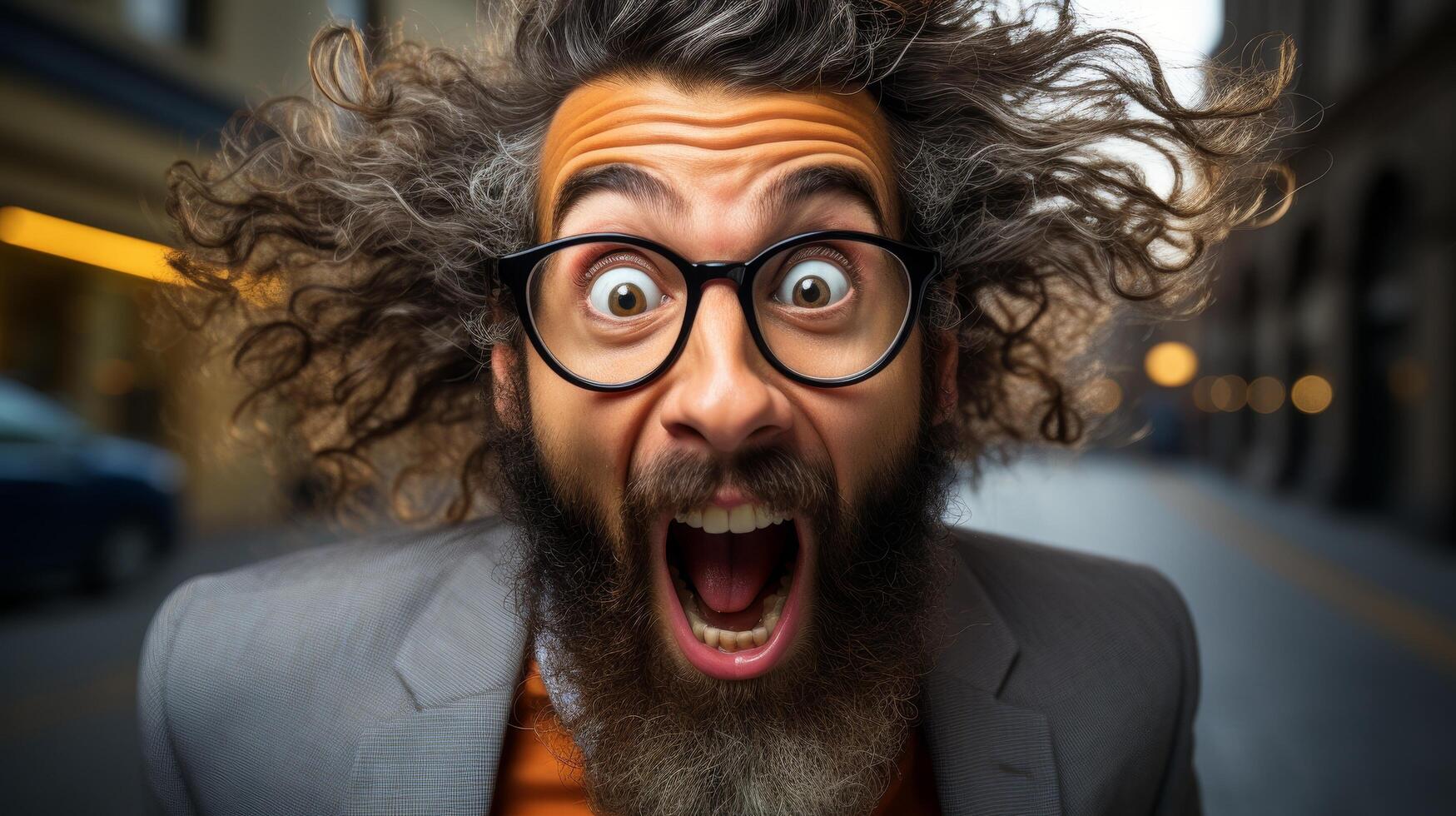 Surprised businessman with curly hair and beard photo