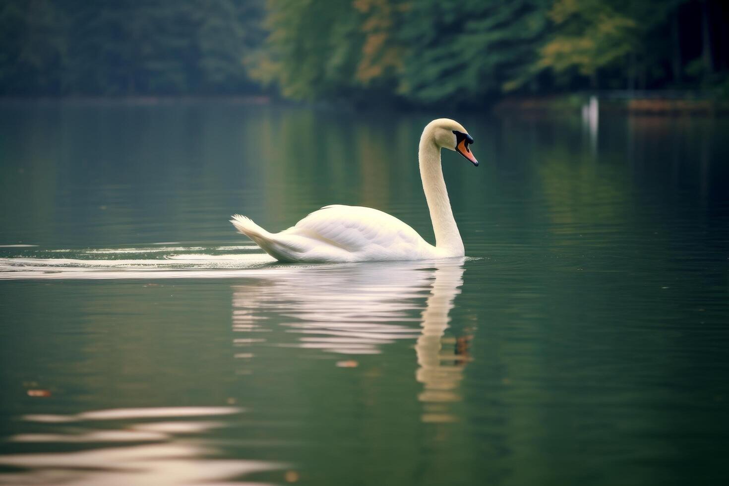 Graceful swan swimming in serene lake photo