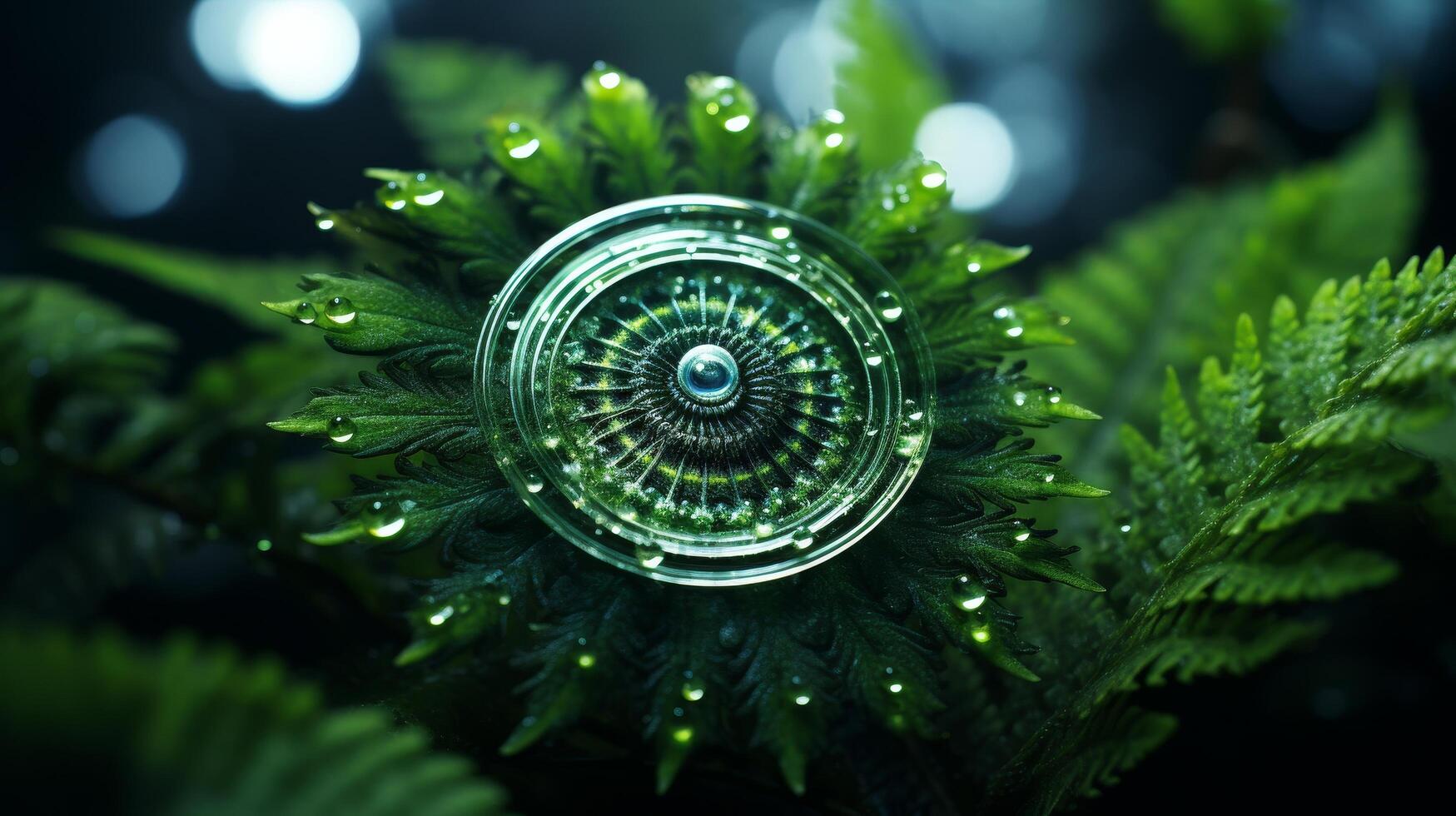 Sparkling glass sphere in lush green foliage photo