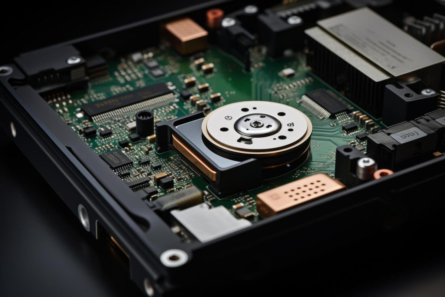 Close up of a computer hard drive circuit board photo