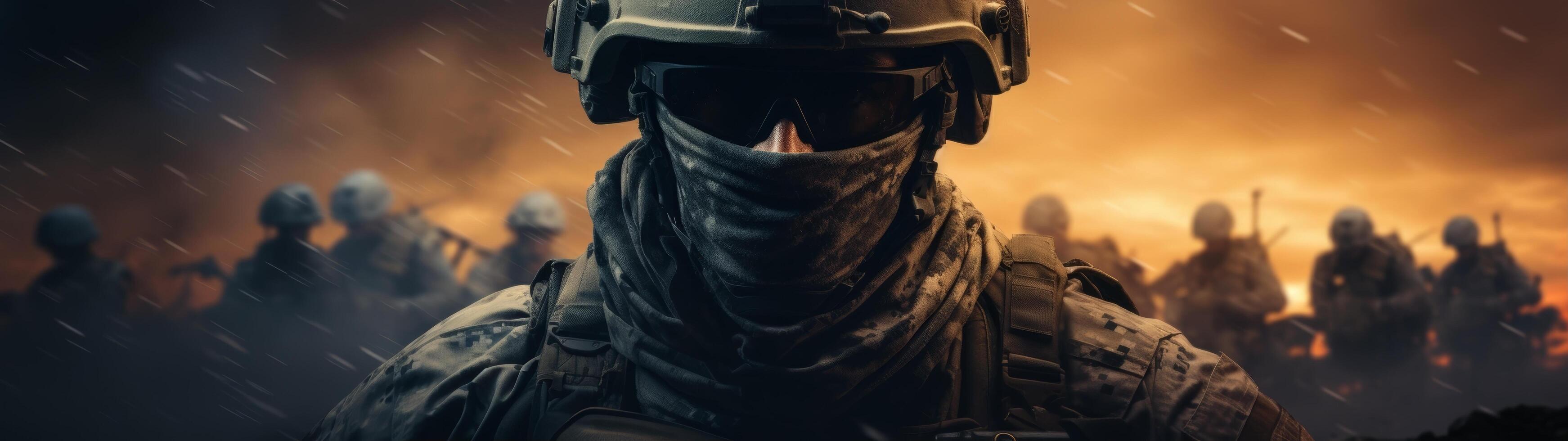 Soldier in combat gear during intense battle photo