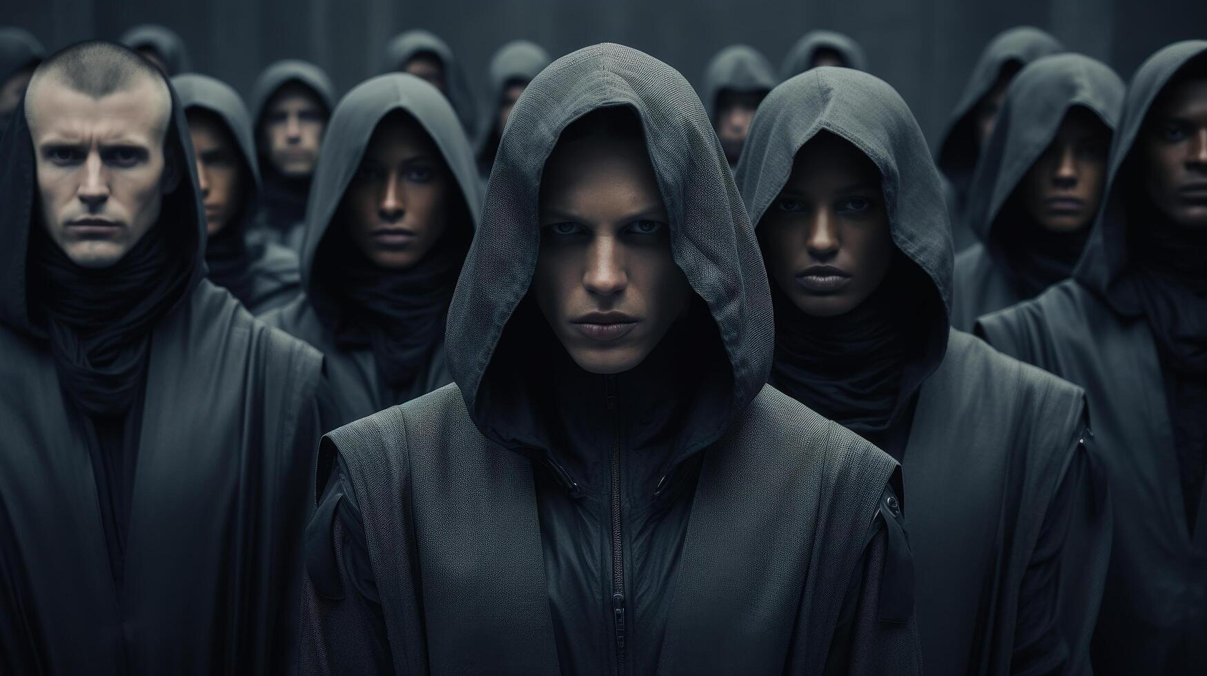 Mysterious hooded figures in dark attire photo