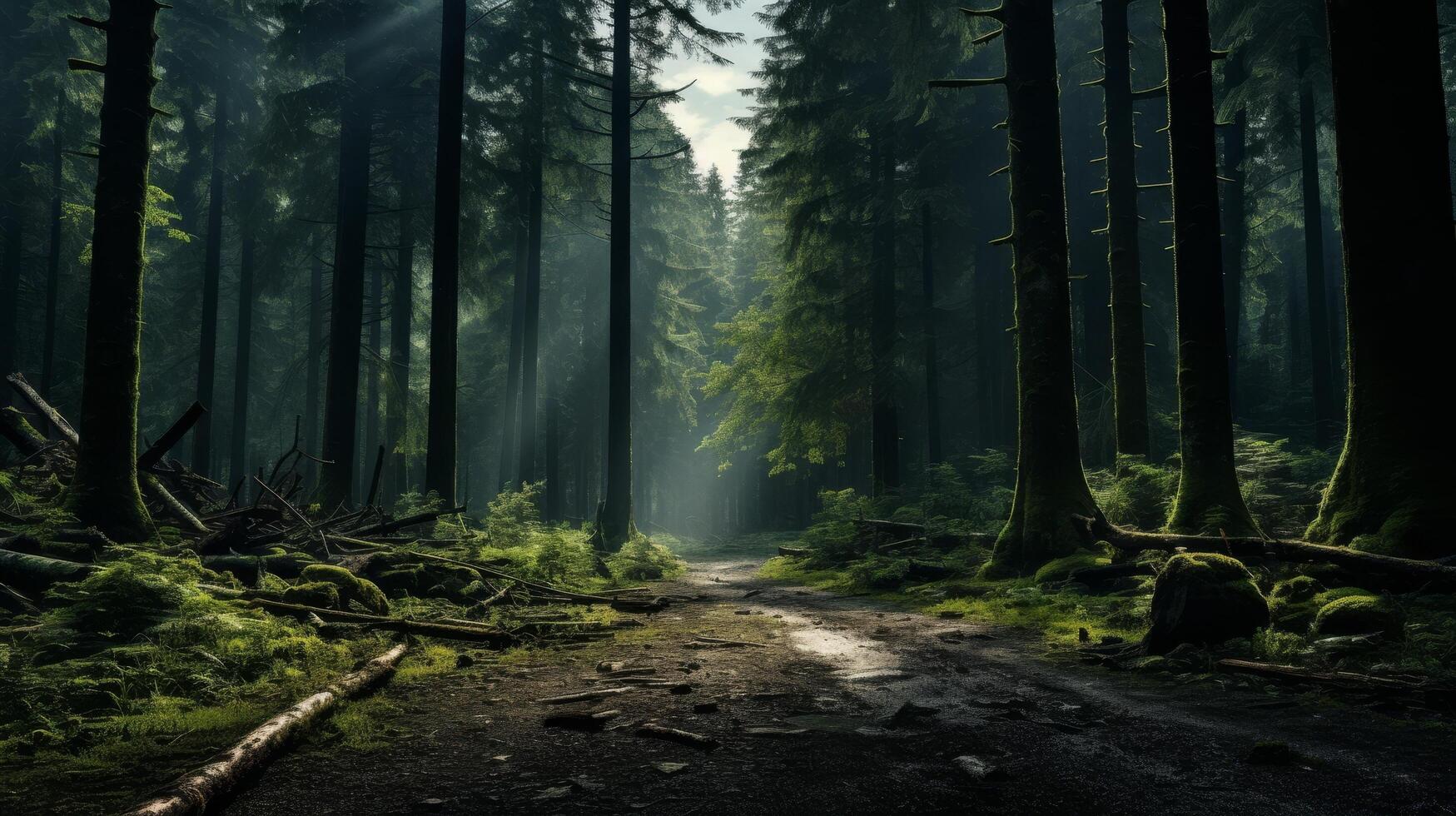 Enchanting forest path through lush greenery photo