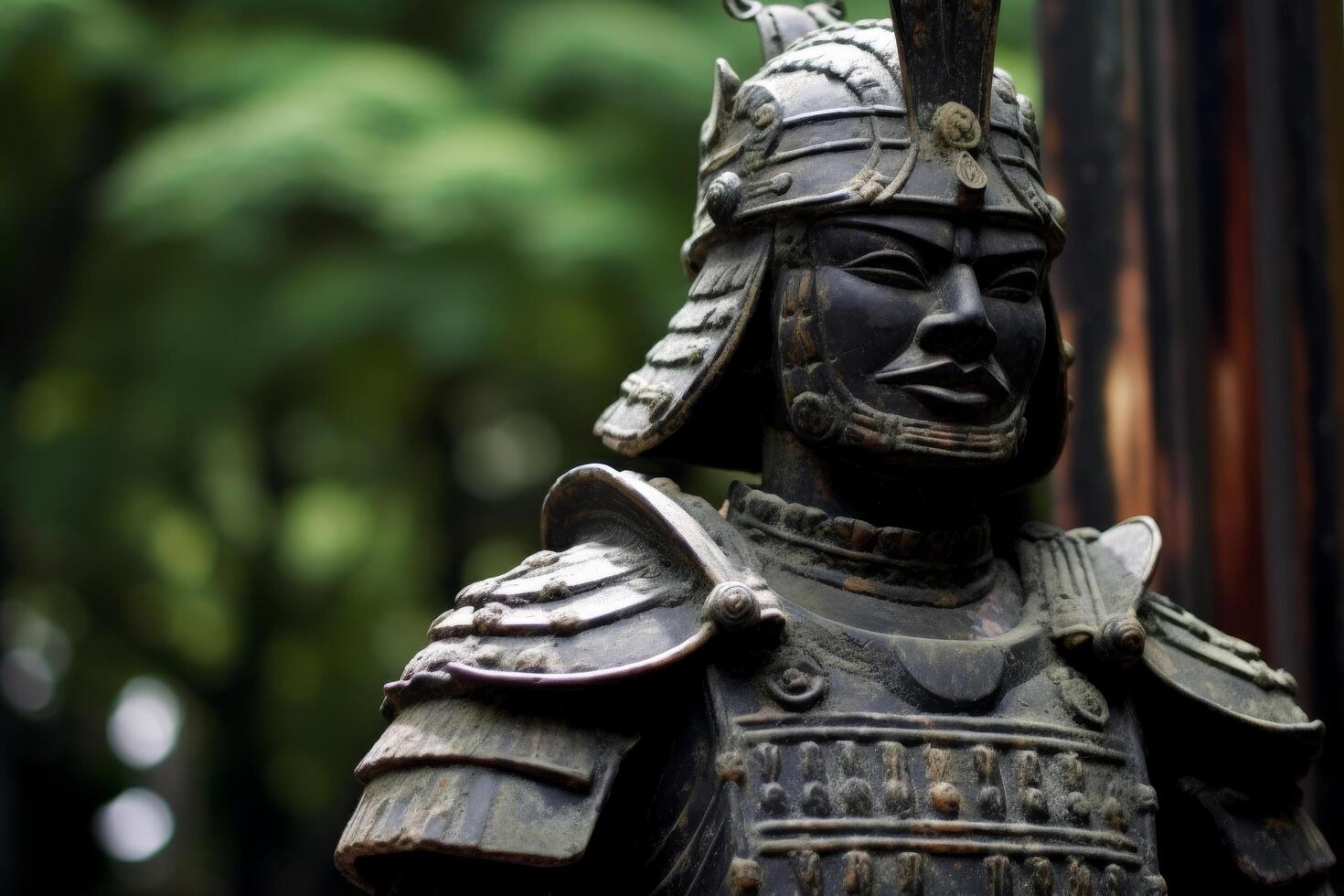 Ornate ancient warrior statue in the forest photo