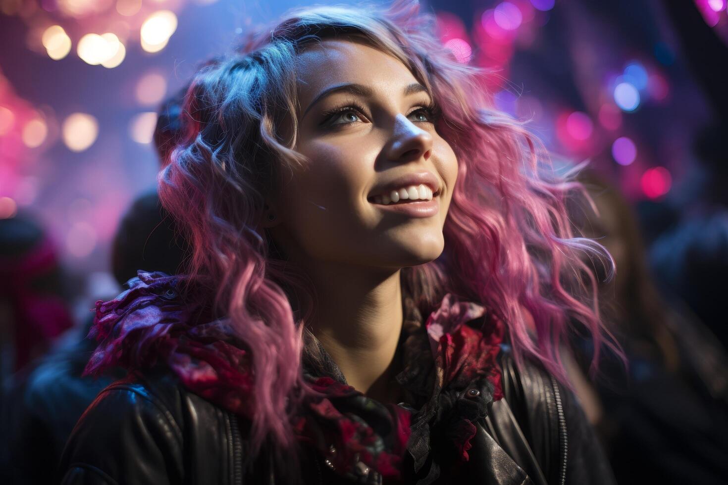 Vibrant portrait of a smiling woman with colorful hair photo