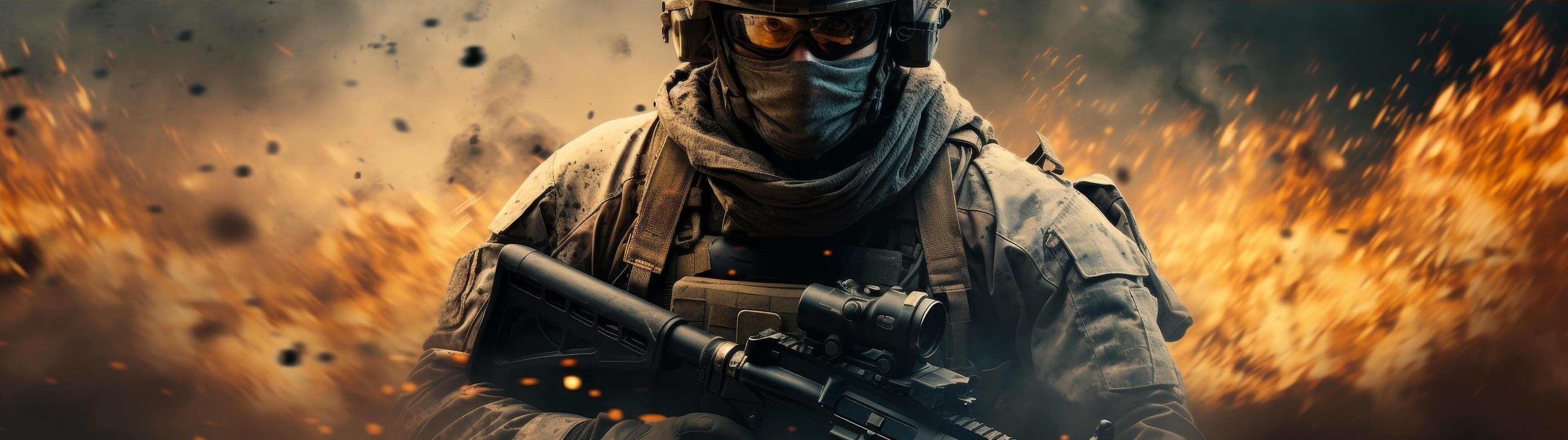 Heavily armed soldier in combat gear during battle photo