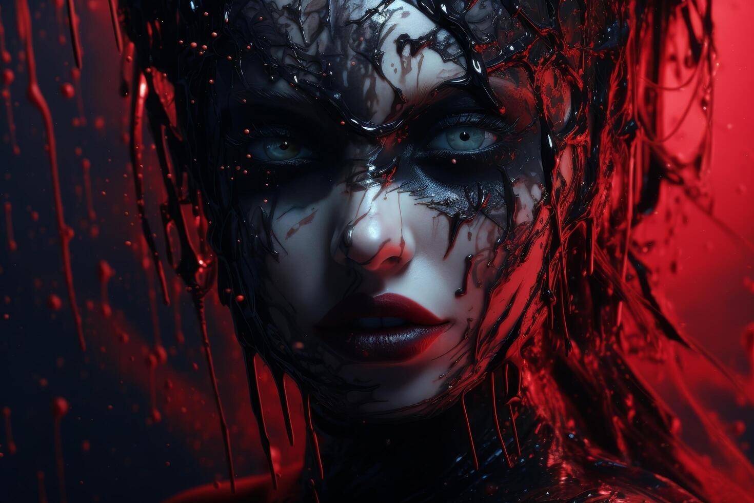 Dramatic portrait of a woman with dark makeup and red liquid dripping down her face photo