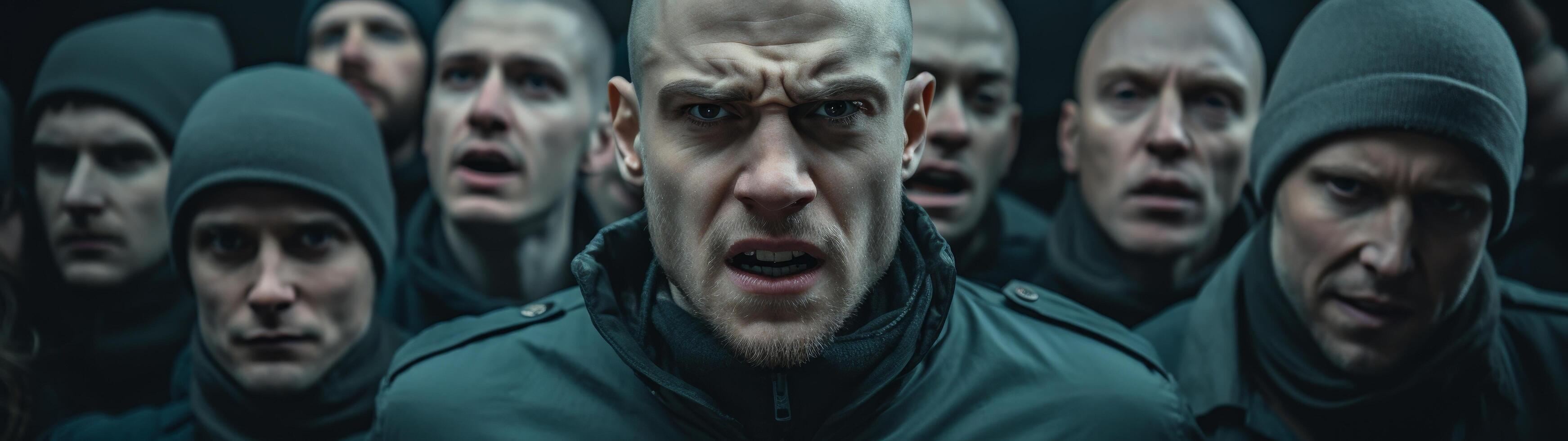 Intense group of men in dark hooded jackets photo