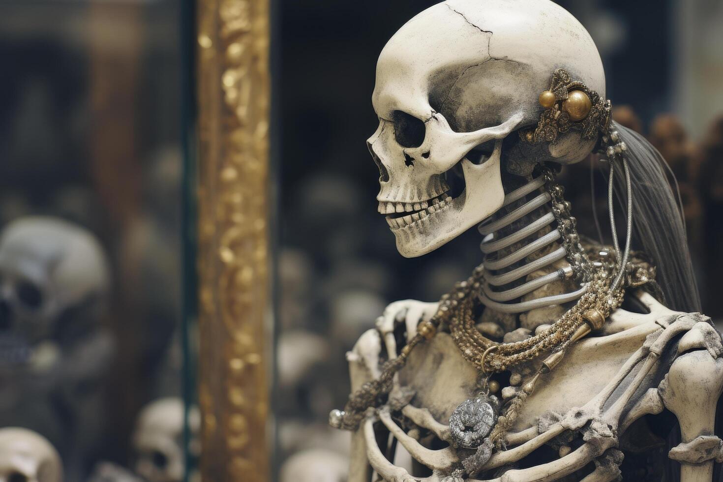 Ornate skeleton with jewelry and beads photo