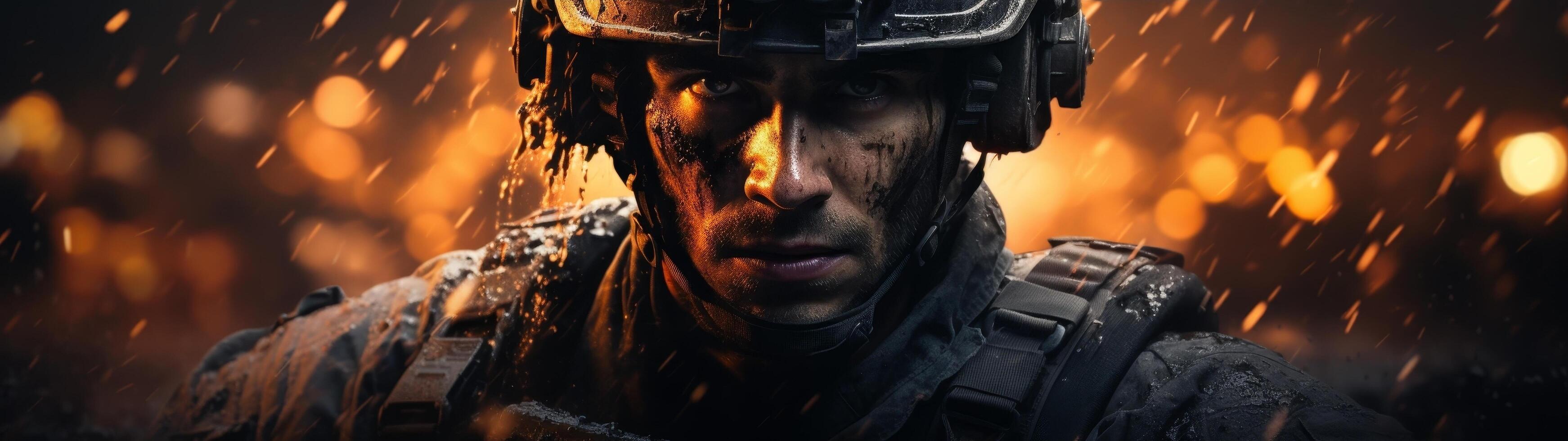 Intense military soldier in action during combat photo