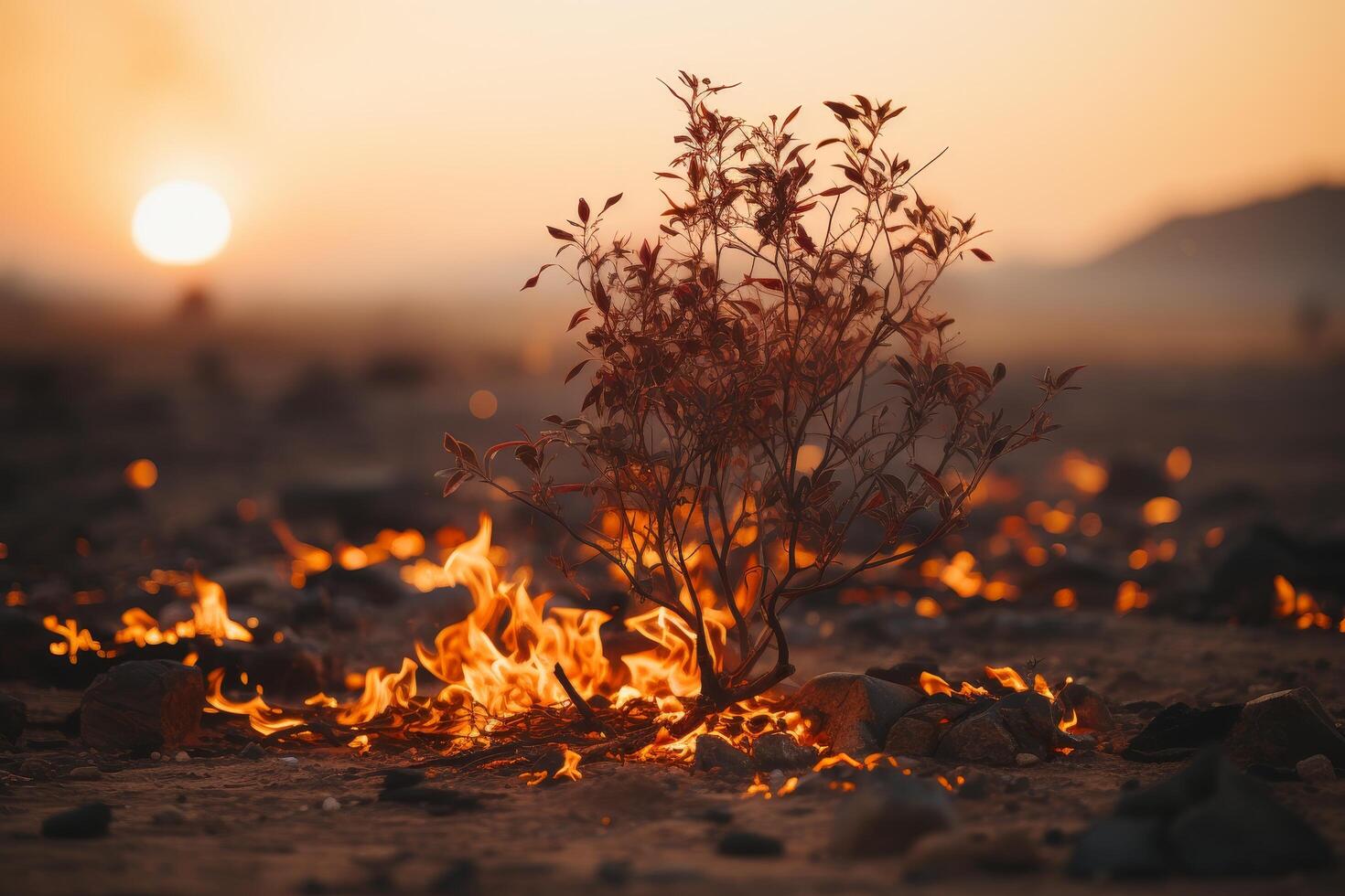 Fiery sunset over a burning bush photo
