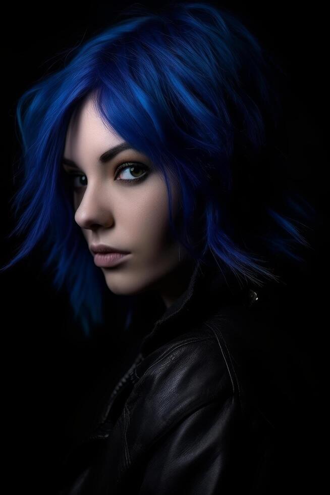 Striking blue haired woman in dark outfit photo