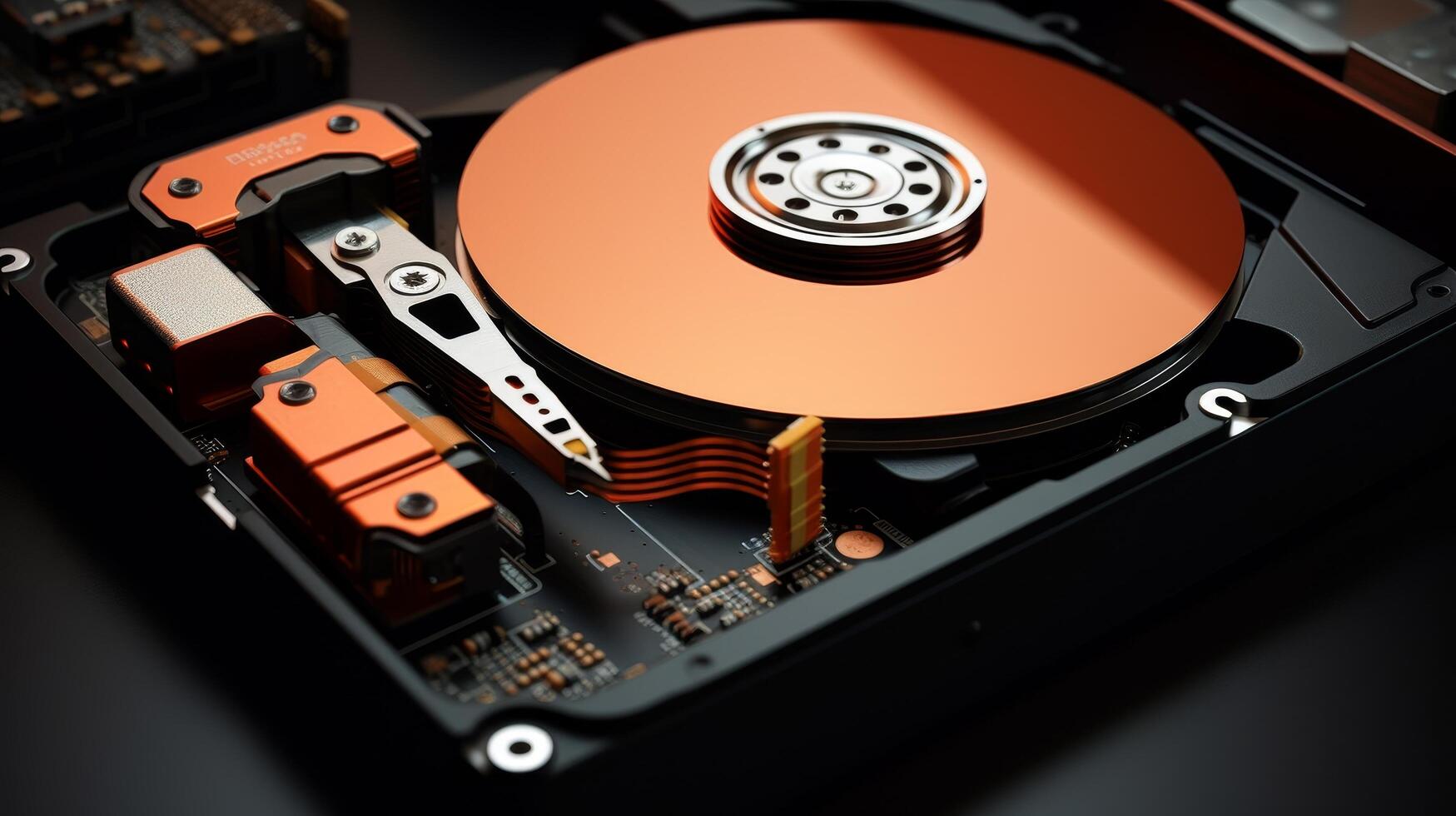 Close up view of an internal hard drive disk photo